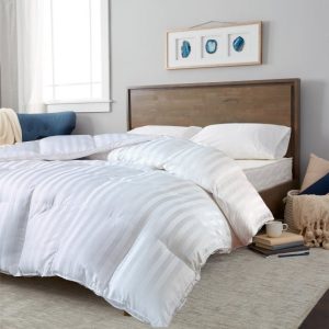White down alternative comforter with cotton sateen cover and damask stripe design