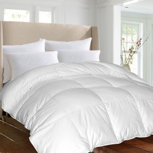 White cotton sateen comforter with 1000 thread count cover and baffle-box construction