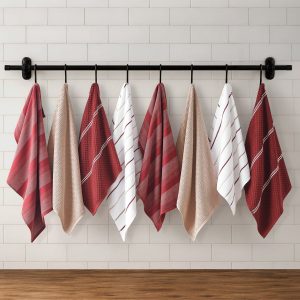 Eight cotton kitchen towels with mixed woven textures and patterns