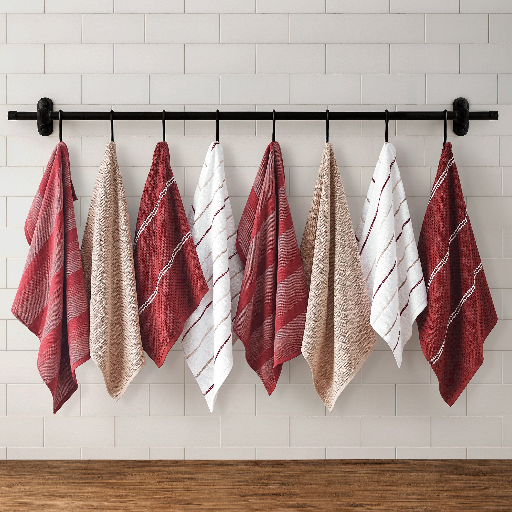 Eight cotton kitchen towels with mixed woven textures and patterns Eight cotton kitchen towels with mixed woven textures and patterns